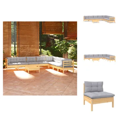 Produktbild von vidaXL 9-tlg. Garten-Lounge-Set mit Grauen Kissen Kiefer Massivholz -  Gartenmöbel-Sets