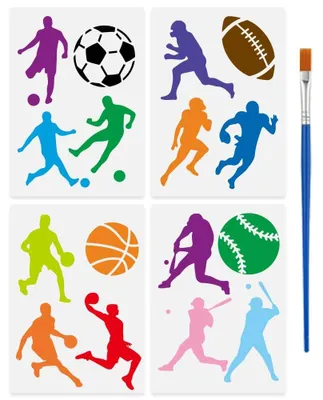 Productafbeelding van Set van 4 Herbruikbare Sportbal Schablonen met Penseel 29,7x21 cm