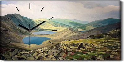 Produktbild von Wanduhr Bürouhr Leinwand Bild Geräuschlos 60x30 Gemälde See Berge Landschaft - schwarze Hände