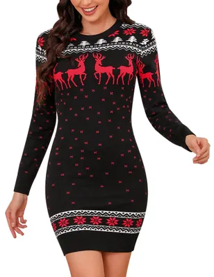 Productafbeelding van Irevial Kerstjurk dames, ronde hals, gebreid jurk met sneeuwvlokken, zwart, maat L