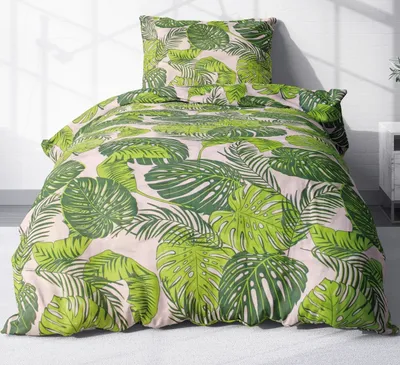 Produktbild von 2-teilige Renforcé Bettwäsche 135x200cm und 80x80cm - Tropische Blätter in grün - 100% Baumwolle, Bettgarnitur (KY-510/1-Renforce)