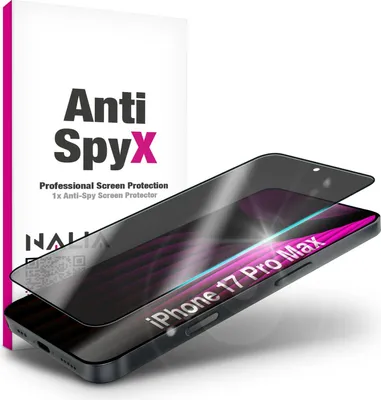 A screen protector for an iPhone 17 Pro Max is shown on top of the phone, with its packaging in the background.