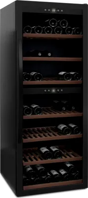 Produktbild von mQuvée Freistehender Weinkühlschrank - WineExpert 126 Fullglass Black | 2 Temperaturzonen | Abschließbar | Buchenholzregale auf Schienen | UV-Glastür