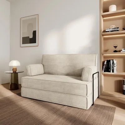 Produktbild von Masseno Schaumstoffsofa LADIA mit Schlaffunktion, Schlafsofa, Wohnzimmersofa, Couch, Sofa, Bettsofa, Kordstoff – Creme POSO 100