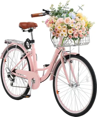 Obrázok produktu pre Optimalizovaný a nemecky preložený bicykel - bicykel Cruiser v ružovej farbe, plážový bicykel s košíkom, 66 cm pneumatiky, 7 nastavení rýchlosti, nastaviteľný