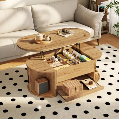 Produktbild von MODFU Couchtisch mit Hebefunktion, Wohnzimmertisch hohenverstellbar Kaffeetisch mit verstecktem Stauraum, Sofatisch mit Schiebetüren und ausziehbarer Ablage, Natur