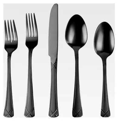 Produktbild von 30-teiliges schwarzes Edelstahl-Besteckset für 6 Personen – inklusive Essmesser, Gabeln und Löffeln, hochglanzpoliert, spülmaschinenfest