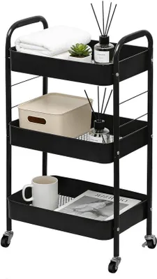 Produktbild von Unyqoos® Metall-Rollwagen, 3 Etagen, Schwarz – Platzsparender Aufbewahrungswagen mit 4 Rollen (2 mit Feststellbremse) für Küche, Bad & Büro