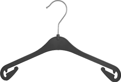 A black plastic hanger with a metal hook on a white background.