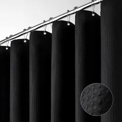 Image de Rideau de douche épais à motif nid d'abeille, idéal pour les salles de bain, avec 12 crochets, dimensions 180 cm x 200 cm, couleur noire