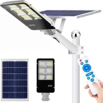 Immagine prodotto di luce solare all'aperto 25W, grande lampione solare all'aperto, 462 lampade solari a LED Luce solare di rilevamento crepuscolare 40000lm IP65 Lampade da giardino per l'esterno