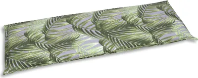 A long, rectangular cushion with a palm leaf pattern is shown against a white background.