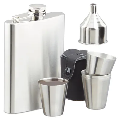 Produktbild von 5 x Flachmann Set Edelstahl 200 ml Flachmann mit Trichter und 4 Becher für Camping und Festival, silber