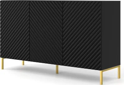 Zdjęcie produktu dla Komoda SURF 3D 150 cm BLACK MATT kredens 3 drzwi z frezowanymi frontami MDF kredens wysoki bufet nogi GOLDEN
