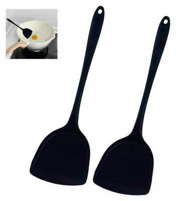 Image de 2 spatules en silicone pour wok, 32 cm, noires, antiadhésives et résistantes à la chaleur