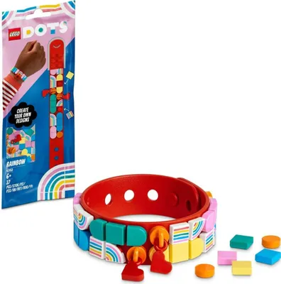 A LEGO DOTS Rainbow Bracelet with charms, shown with its packaging and loose charms.