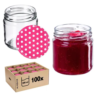 Zdjęcie produktu dla Słoiki do przetworów KADAX z pokrywką "Lerma", słoiki do przetworów, 200 ml, 100 sztuk, pokrywka z motywem różowego groszku