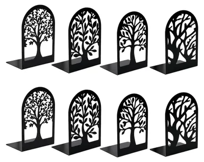 Produktbild von 8 Stück Metallbuchstützen in Schwarz mit Baummuster, rutschfeste Bücherhalter für Schule, Zuhause und Büro