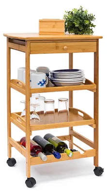 Bambus-Servierwagen mit Weinregal, 2 Tabletts, Schublade, 80x50x37 cm