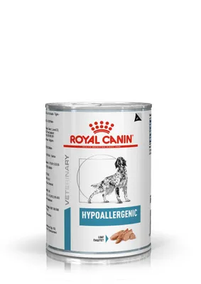 A can of Royal Canin Hypoallergenic Canine dog food.