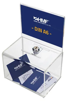 Spendenbox Acryl für DIN A6 Blatteinschub von HMF mit den Maßen 15.5 x 11 x 11 cm