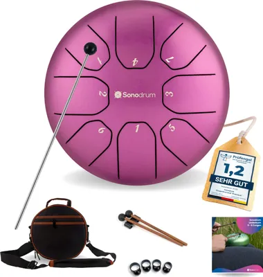 Produktbild von Sonodrum Zungentrommel: C - Dur in Lila - 20 cm mit 8 Tönen, Steel Tongue Drum inkl. Liederbuch, Schlägel, Fingersticks und Tragetasche