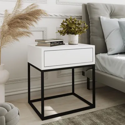 Productafbeelding van AX LIVING Nachtkastje, commode, model Aleio, wit, met zwart metalen frame, 45 cm