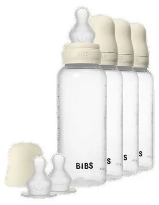 Zdjęcie produktu dla Butelka dla niemowląt BIBS, smoczek okrągły, silikon, 270 ml, przepływ średni, kolor kości słoniowej, zestaw 4 sztuki
