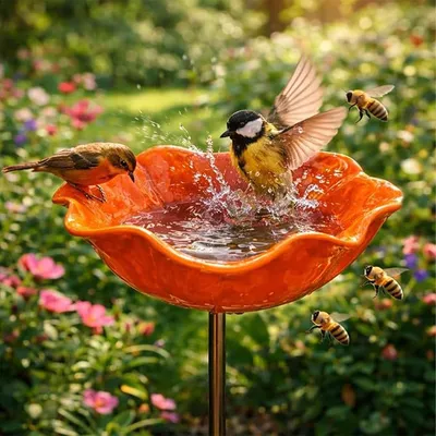 Produktbild von Vogeltränke mit Erdspieß Blume aus Metall Bienen Tränke Vogelfutterschale Dekorativer Garten für Vögel, Bienen & Schmetterlinge Orange