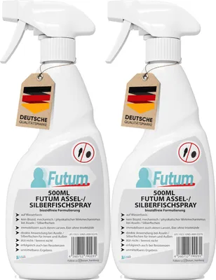 Produktbild von FUTUM 2x500ml Silberfischspray / Asselspray | Biozidfreie Formel gegen Silberfische, Kellerasseln Larven & Insekteneier | auf Wasserbasis | Insekten