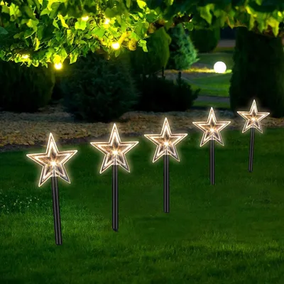 Image de Ikodm, lot de 5 décorations de Noël en forme d'étoile, lumière blanche chaude, LED, avec fonction minuterie 6/18 heures, 36 cm