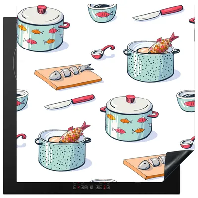Produktbild von KitchenYeah© Herdabdeckplatte Muster - Kochen - Fisch - Pfanne , 78x78cm, Küche Deko, Glaskeramikkochfeld Herdabdeckung, Abdeckplatte fùr Kochfeld