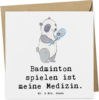 Produktbild von Mr. & Mrs. Panda Grußkarte Panda Badminton  - Weiß - Geschenk, spielen, anlasskarte, faltkarte, Glückwunschkarte, doppelkarte, Klappkarte