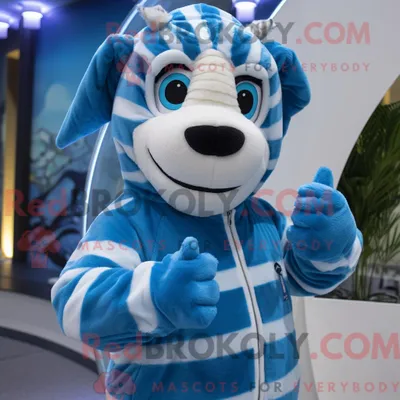 Immagine prodotto di Personaggio mascotte REDBROKOLY di una zebra blu vestita con felpa con cappuccio e sciarpe