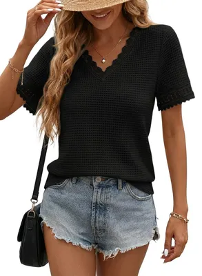 Produktbild von Chicrise Bluse Damen Sommer Spitze Waffle Tshirt V Ausschnitt Kurzarm Top Elegan