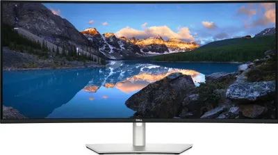 A wide-screen Dell monitor displaying a landscape image.