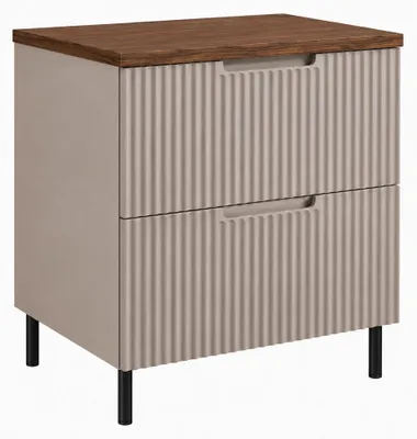Immagine prodotto di Mobile bagno a pavimento, larghezza 60 cm, ante a listelli di 16 mm, finitura "Cachemire" e impiallacciatura in noce, maniglie fresate, piedi rotondi da 15 cm, dimensioni 60 x 46 x 7 cm, Immagine generata dall'IA
