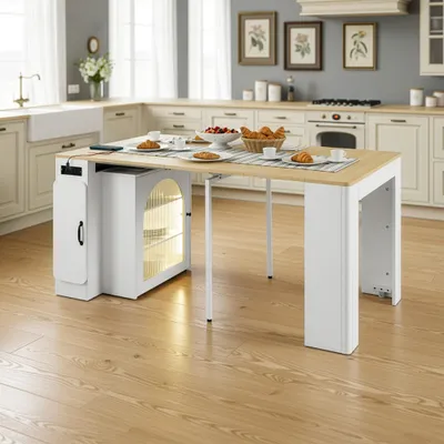 Image de OKWISH Îlot de Cuisine Extensible - Chariot Mobile avec 3 Compartiments et Prise Électrique, Structure en MDF et Verre - Naturel et Blanc