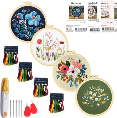 Produktbild von 4er-Pack Stickset für Anfänger mit Stickvorlage, vorgedruckte Kreuzstichsets für Anfänger und Erwachsene mit Stickrahmen und Anleitung, Handstickset