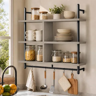 Produktbild von Wandregal 3 Ebenen mit Haken 105x24x94 cm Holz Metall Industrial