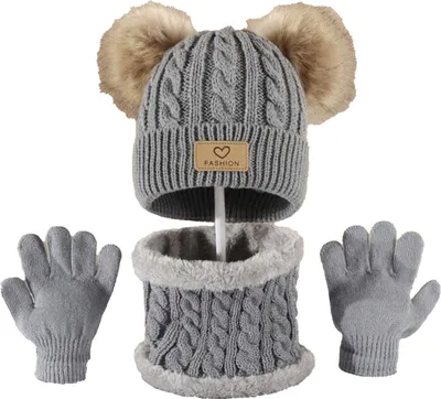 Produktbild von 3-teiliges Winterset für Kinder: Mütze, Schal, Handschuhe, zwei Mützen mit Plüschbommel-Dekor, gedrehte Textur, randlose Strickhandschuhe, Fleece-gefütterter Halswärmer