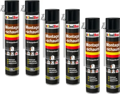Produktbild von Isolbau 6 x 750 ml Montageschaum mit Aussprührohr - PolyurethanBauschaum für Montage, Isolierung, Abdichtung, Innen & außen