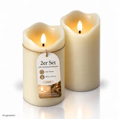 Produktbild von 2x LED Echtwachskerze 7,5x15 cm mit Timer Kerze batteriebetrieben 3D Flackereffekt Echtwachs Adventskranz Kerzen LED Adventskerzen, KI-generiertes Bild