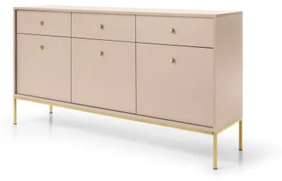 Image de Commode à trois tiroirs et trois portes, de couleur beige, avec des poignées dorées, dimensions : 154 x 39 x 83 cm
