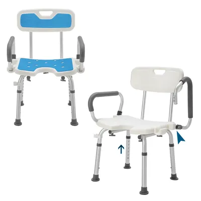 Image de LZQ Chaise de douche Réglable en hauteur 6 positions 73,5-86 cm Tabouret de douche avec accoudoirs et dossier Siège de bain antidérapant Siège de douche en aluminium & plastique ABS