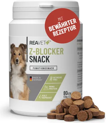 Produktbild von REAVET Z-Blocker Snack 170g Optimale Belohnung für Hunde, für bis 3 Monate I Leckerlis Hund mit Schwarzkümmelöl, Zistrosenkraut & Kokosöl I Getreidefrei