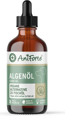 A bottle of AniForte Algenöl (Algae Oil) with a dropper.