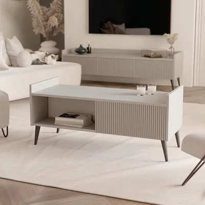 Produktbild von IDOHOME-Couchtisch SCALA mit Beinen Kaschmir Moderner Kaffeetisch Spanplatte 100x60 cm gerrifelten Fronten