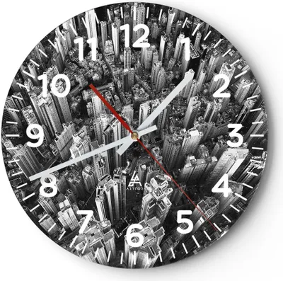 Produktbild von Wanduhr - Rund - Glasuhr - Wolkenkratzer mit Berge - 30x30cm - Schleichendes Uhrwerk - Lautlos - zum Aufhängen bereit - Dekoration Modern - Wanddekoration aus Glas - C4AR30x30-4453