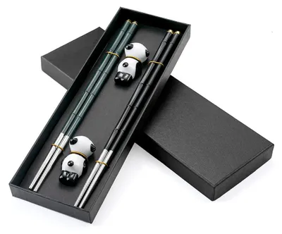 Essstäbchen aus Glasfaser & Edelstahl, 2er-Set mit Panda-Ablage